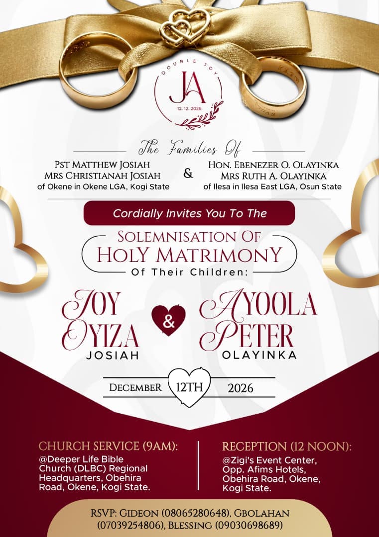 Wedding invitation for Joy Oyiza Josiah and Ayoola Peter Olayinka, Saturday 12 December 2026 in Okene, Kogi State